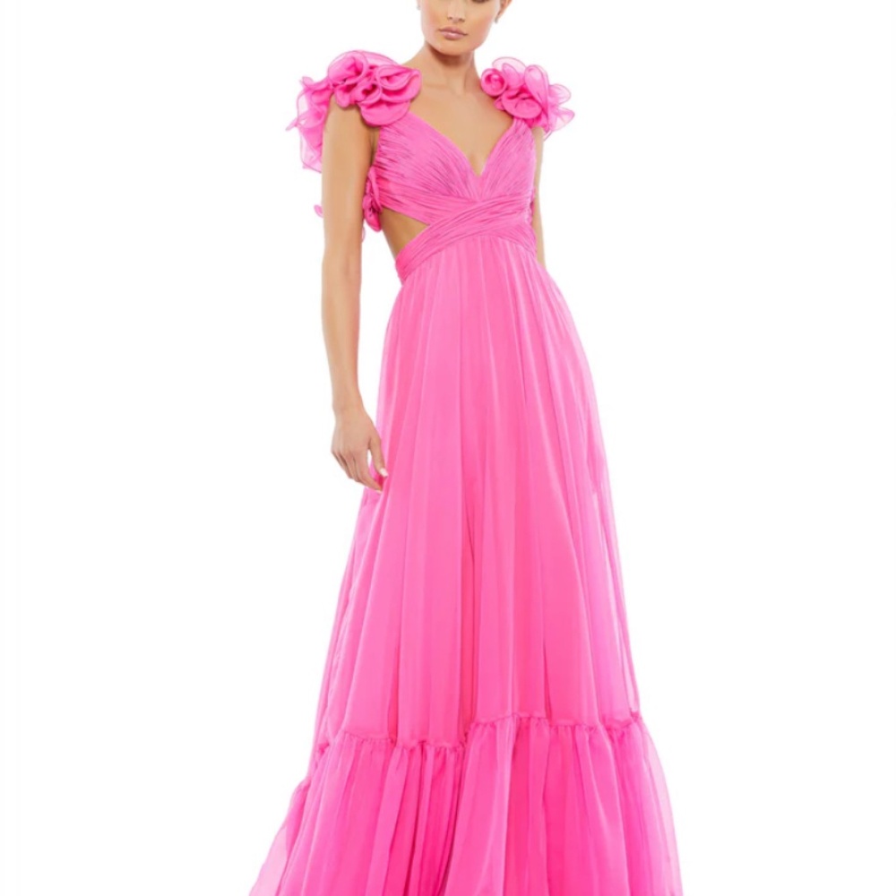 Mac Duggal  Ruffle Tiered Cut-Out Chiffon Gown Pink